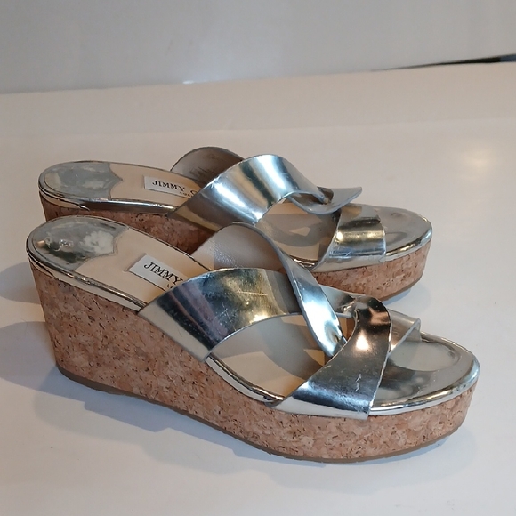 ✨ Jimmy Choo Atia Metallic Silver Leather Platform Wedge Sandals Size 38.5 - Picture 2 of 13